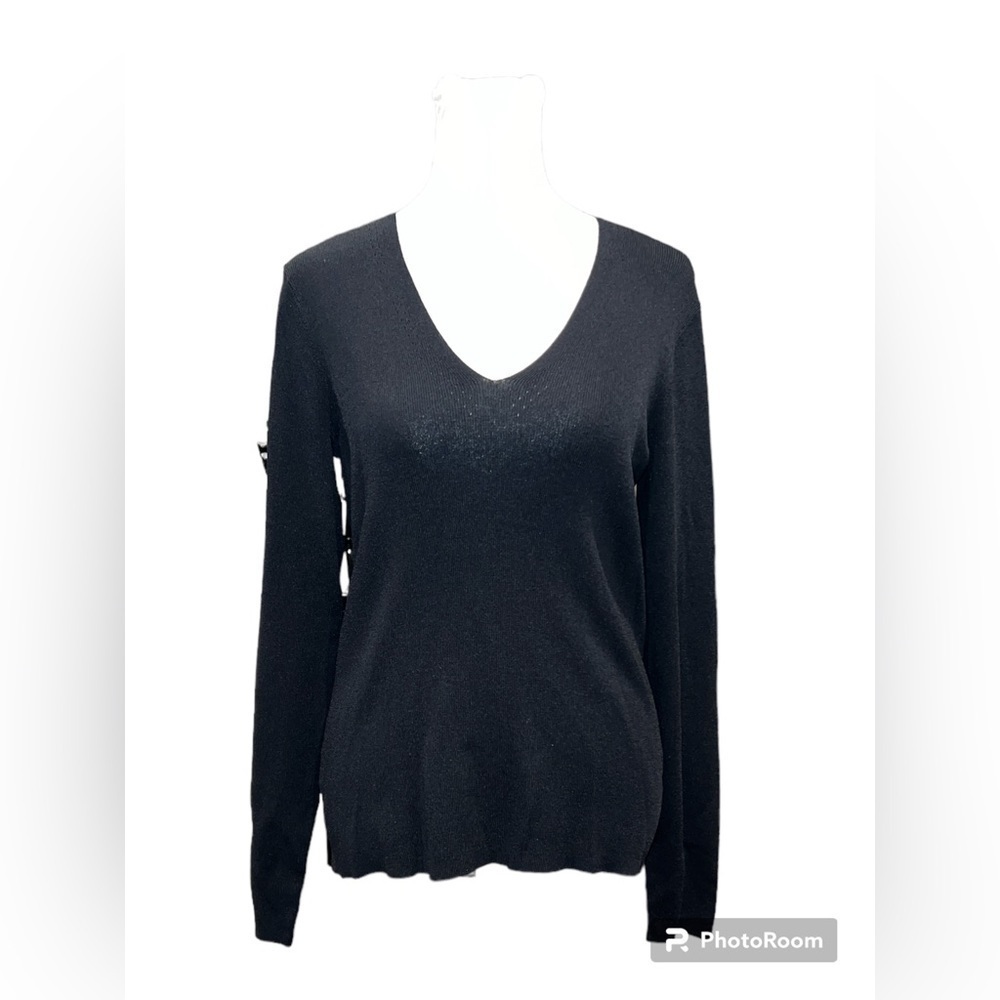 Ann Taylor Womens Black V-Neck Long Sleeve Knit Sweater Size S Rayon Nylon Blend